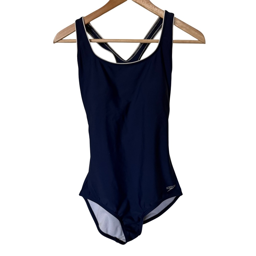 Speedo One Piece Swimsuit Women Medium Navy Blue Excellent Racerback Athletic‎ - Picture 2 of 6